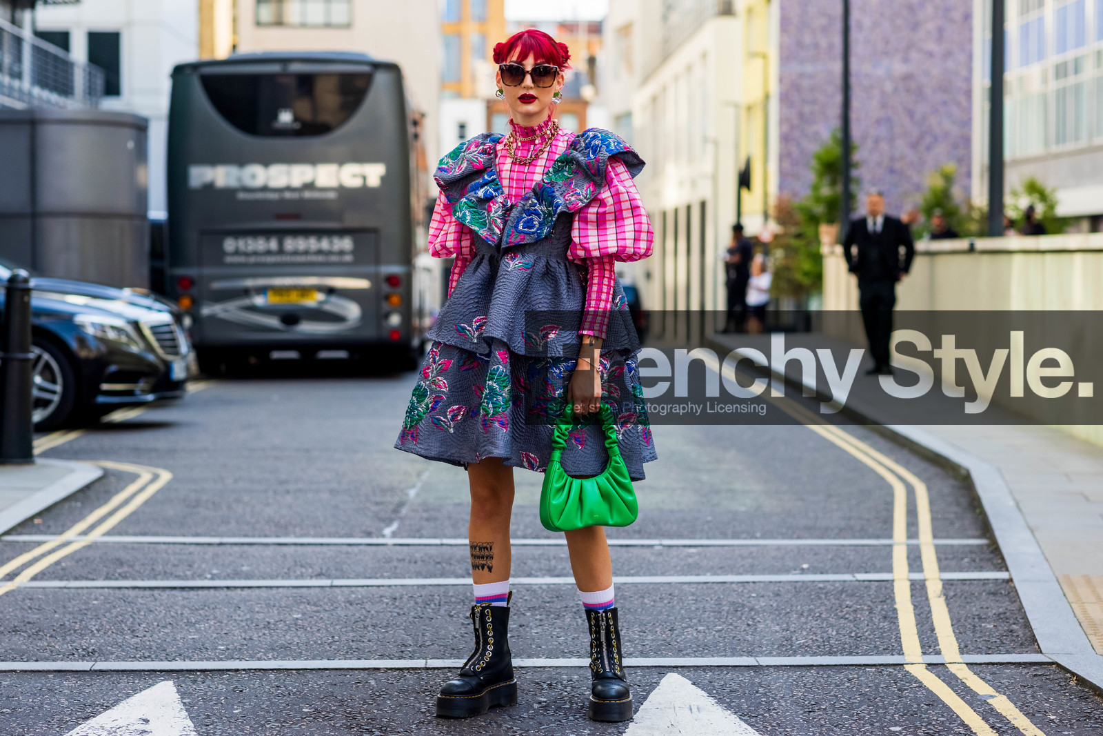 Eve Lily, print, flower dress, flowered dress, plaid shirt, ruffles, handbag, green, pink, sunglasses, earrings, necklace, fashion week, frenchystyle, FW, jonathan paciullo, street style, SPRING SUMMER 2022, SS 22, LFW, LONDON, horizontal, full length, atmosphere details