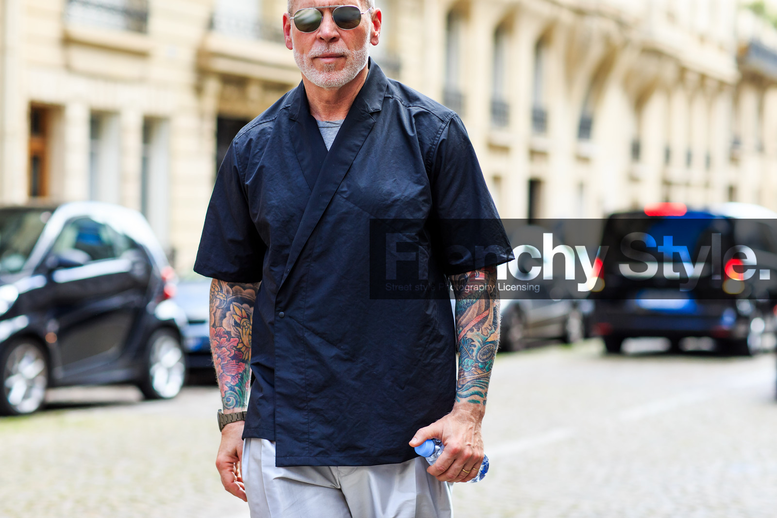 atmosphere details, black shirt, detail, fashion week, frenchystyle, FW, grey shorts, horizontal, jonathan paciullo, kimono, MENSWEAR, nick wooster, PARIS, PFW, SPRING SUMMER 2017, SS 17, street style, sunglasses, tattoos