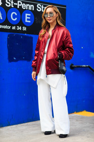 AUTUMN WINTER 2016-2017, AW 16-17, black bag, bomber jacket, dani song, FALL WINTER 2016-2017, fashion week, frenchystyle, full length, FW, FW 16-17, jonathan paciullo, leather bag, mini bag, NEW YORK, NYFW, red jacket, street style, sunglasses, vertical, white pants, white shirt, wide pants, woman