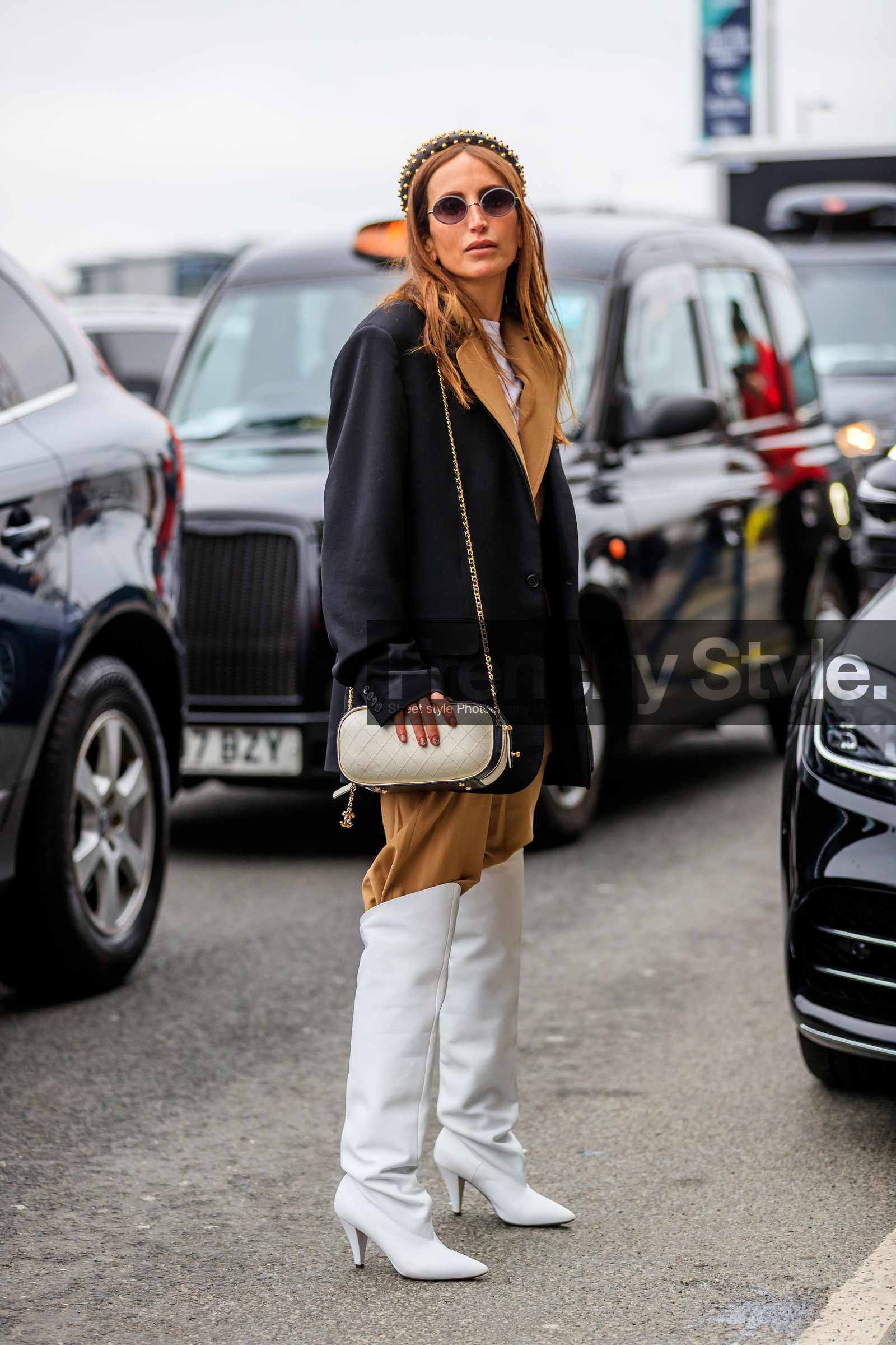 black and white bag, black jacket, blazer, camel jacket, camel pants, camel suit, chanel handbag, chloe loulou de saison, earrings, headband, high boots, high heels, leather bag, leather shoes, necklace, oversize, prada, sunglasses, trousers, white bag, white boots, street style, jonathan paciullo, FW, frenchystyle, fashion week, LFW, LONDON, AUTUMN WINTER 2019-2020, AW 19-20, FW 19-20, FALL WINTER 2019-2020, vertical, full length
