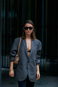 sophia roe, grey jacket, checked jacket, oversize jacket, blue jeans, denim, square shape glasses, scale sunglasses, fashion week, frenchystyle, FW, jonathan paciullo, street style, MFW, MILAN, SPRING SUMMER 2020, SS 20