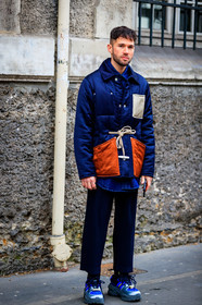 alice & j.s, JS roques, navy blue coat, navy blue jacket, orange coat, orange jacket, belted coat, belted jacket, rope belt, satin coat, satin jacket, quilted coat, quilted jacket, down jacket, navy blue pants, velvet pants, corduroy pants, blue sneakers, silvered sneakers, big sole sneakers, grey sneakers, fashion week, frenchystyle, FW, jonathan paciullo, street style, PFW, PARIS, vertical, full length