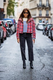 black boots, black sunglasses, blue stripes, boots, check, checked jacket, denim, grey denim, grey jean, jacket, jean, Laure Hériard-Dubreuil, mariniere, print, printed jacket, red jacket, striped knitwear, sunglasses, white knitwear, fashion week, frenchystyle, FW, jonathan paciullo, street style, PFW, PARIS, SPRING SUMMER 2022, SS 22, vertical, full length