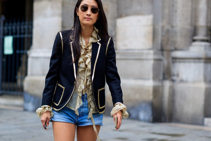 beige shirt, black jacket, blazer, blue denim, denim shorts, golden details, ruffles, sunglasses, PFW, fashion week, frenchystyle, FW, jonathan paciullo, street style, PARIS, horizontal, atmosphere details, detail, AUTUMN WINTER 2018-2019, FALL WINTER 2018-2019, FW 18-19, justine lee