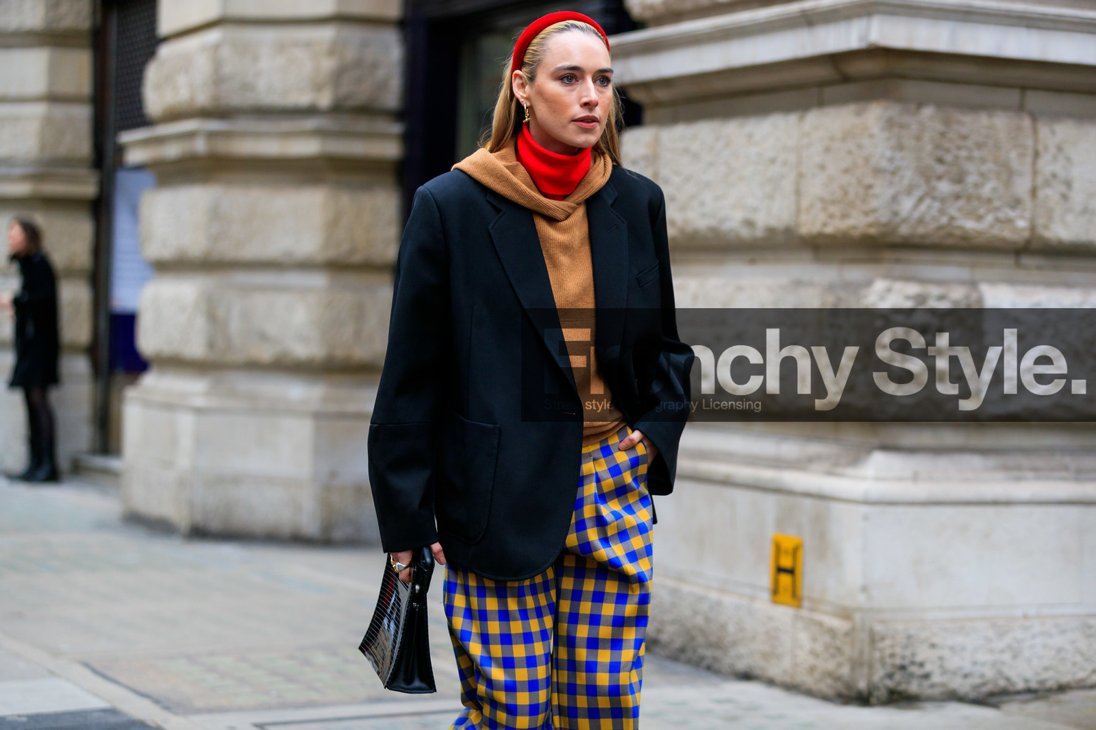 black bag, black jacket, blue pants, camel sweater, checked, flora macdonald johnston, gingham, graphic pants, headband, hoodie, leather bag, plaid, printed pants, red turtleneck, trousers, yellow pants, street style, jonathan paciullo, FW, frenchystyle, fashion week, LFW, LONDON, AUTUMN WINTER 2019-2020, AW 19-20, FW 19-20, FALL WINTER 2019-2020, horizontal, atmosphere details, detail