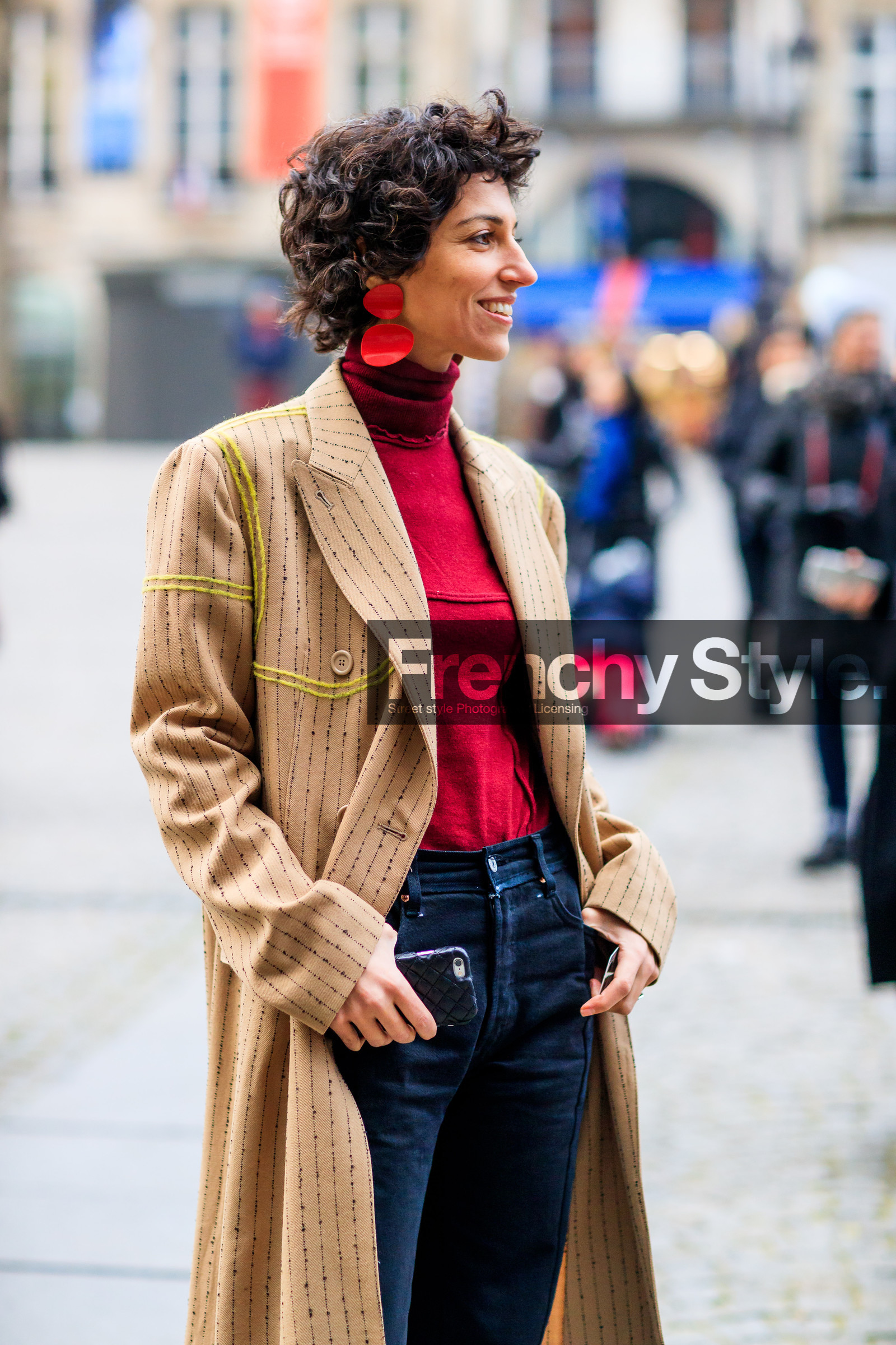 black denim, camel coat, denim pants, earrings, jeans, printed coat, red sweater, trousers, fashion week, frenchystyle, FW, jonathan paciullo, street style, PFW, PARIS, SPRING SUMMER 2017, SS 17, HAUTE COUTURE, vertical, detail, yasmin sewell