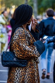 animal print, bag, black bag, brown coat, chain bag, chanel bag, cheetah coat, cheetah print, coat, earrings, gold earrings, hoops, print, printed coat, quilted bag, fashion week, frenchystyle, FW, jonathan paciullo, street style, PFW, PARIS, SPRING SUMMER 2022, SS 22, vertical, atmosphere details