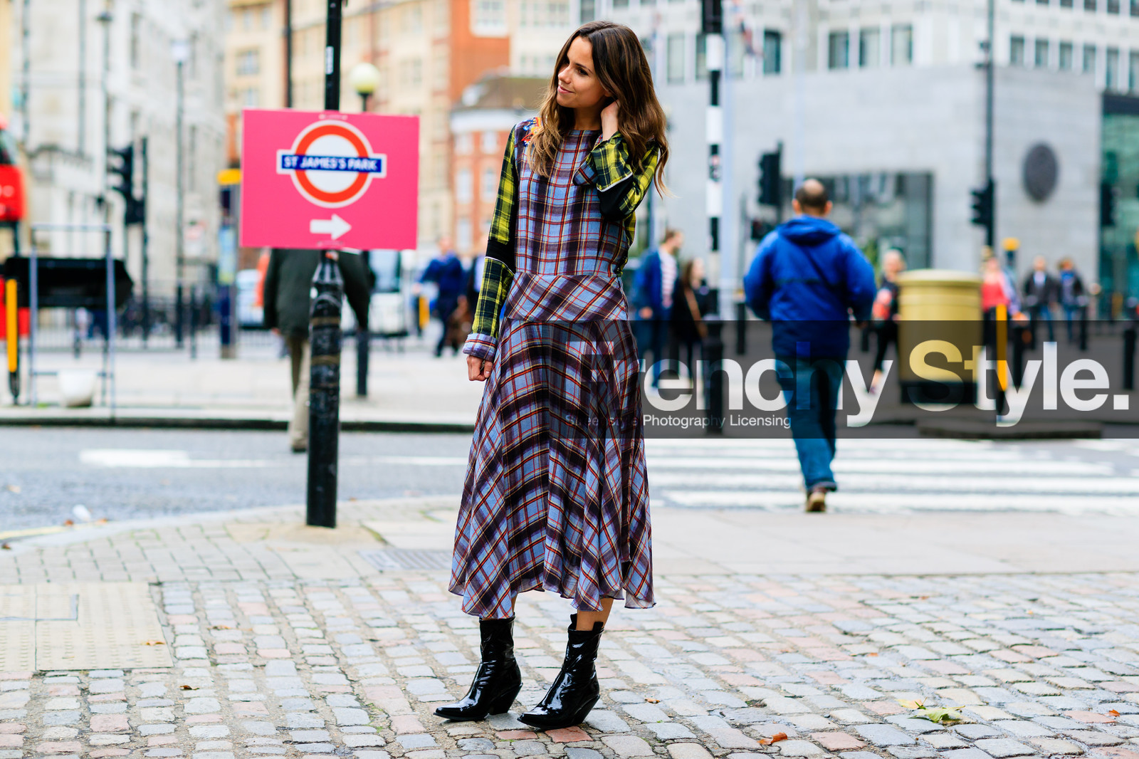 atmosphere details, black boots, checked dress, fashion week, florrie thomas, frenchystyle, full length, FW, graphic dress, high heels, horizontal, jonathan paciullo, leather boots, leather shoes, LFW, LONDON, plaid, printed dress, SPRING SUMMER 2017, SS 17, street style, striped dress, stripes, tartan, woman
