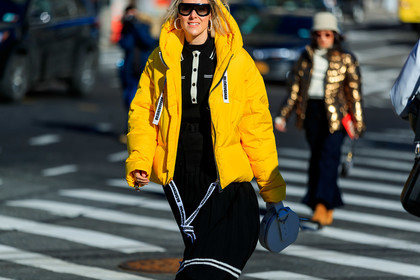 black pants, black sweater, down jacket, sofie valkiers, sunglasses, trousers, white bag, yellow coat, street style, jonathan paciullo, frenchystyle, NYFW, NEW YORK, AUTUMN WINTER 2019-2020, AW 19-20, FALL WINTER 2019-2020, FW 19-20, fashion week, FW, atmosphere details, horizontal, detail