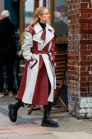 alexandra carl, striped trenchcoat, white leather trenchcoat, burgundy leather trenchcoat, belted trench coat, black leather boots, quilted boots, flat boots, aviator glasses, metalic frame sunglasses, fashion week, frenchystyle, FW, jonathan paciullo, street style, LFW, LONDON, AUTUMN WINTER 2020-2021, FALL WINTER 2020-2021, FW 20-21, vertical, full length