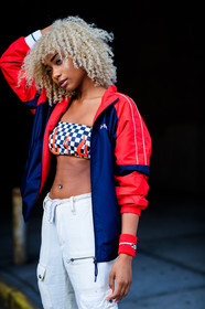 atmosphere details, bra, cropped top, detail, fashion week, fila, frenchystyle, FW, jonathan paciullo, NEW YORK, NYFW, red jacket, SPRING SUMMER 2018, SS 18, street style, trousers, vertical, white pant