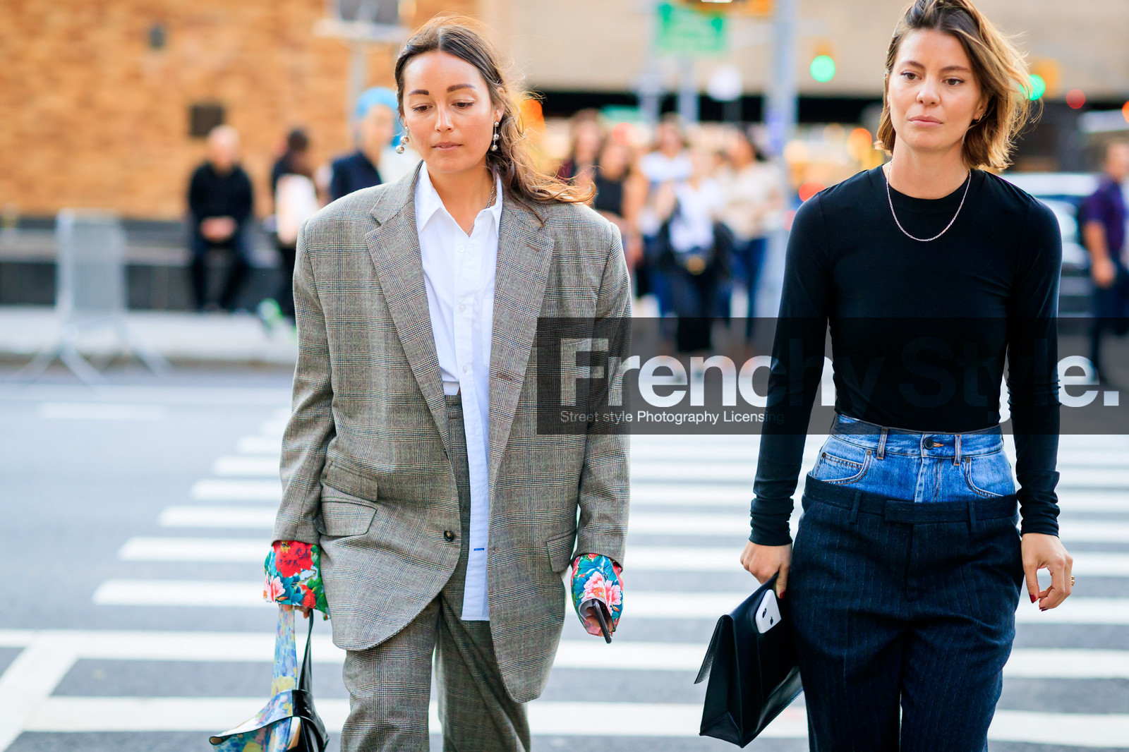 annina mislin, atmosphere details, black bag, black sweater, blazer, blue denim, blue pants, brown jacket, brown pants, checked jacket, checked pants, denim pants, detail, earrings, fashion week, floral, flower, frenchystyle, FW, horizontal, jeans, jonathan paciullo, layers, leather bag, MISLIM, NEW YORK, NYFW, oversize, printed bag, rachael wang, SPRING SUMMER 2018, SS 18, street style, striped pants, trousers, white shirt