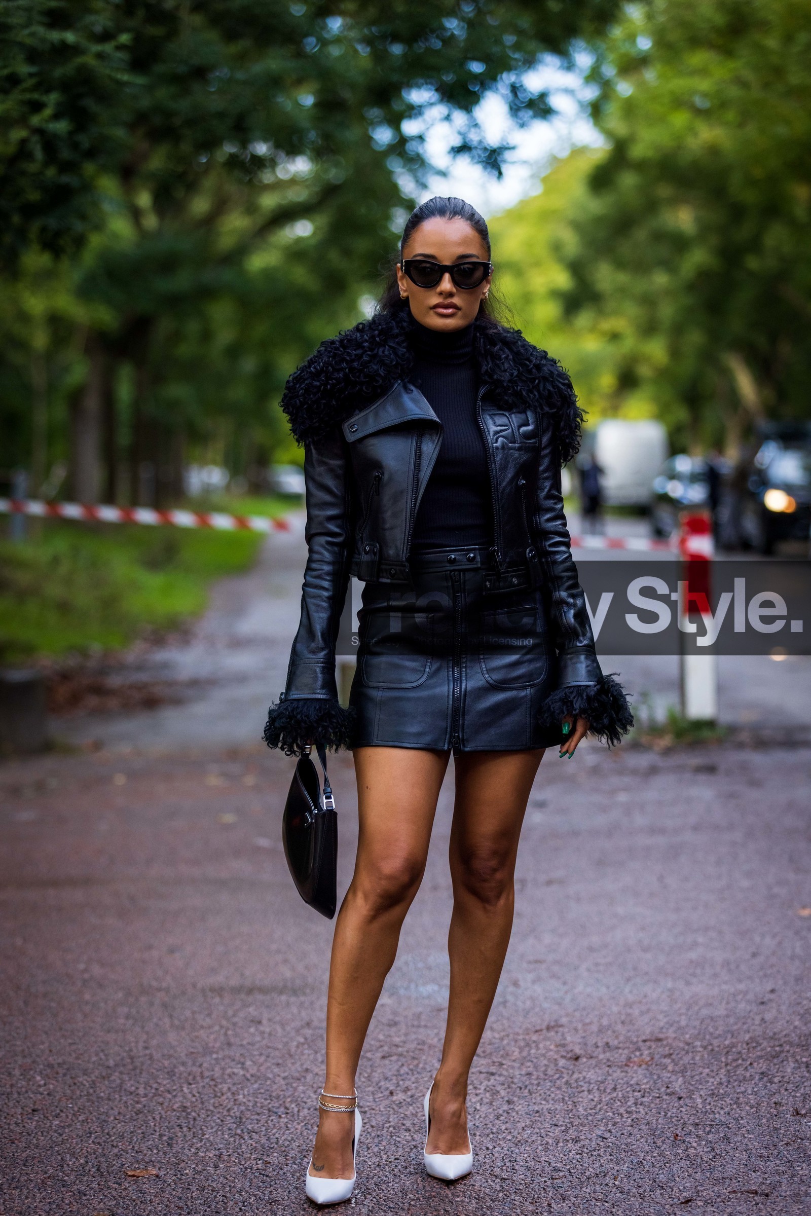 Amina Muaddi, ankle bracelet, black bag, black jacket, black monochrome, black skirt, black sunglasses, black turtleneck, blue nails, courreges look, jacket, leather bag, leather skirt, mini slort, monochrome, prada bag, skirt, sunglasses, turtleneck, white heels, white pumps, zipped skirt, street style, jonathan paciullo, FW, frenchystyle, fashion week, PFW, PARIS, SPRING SUMMER 2022, SS 22, vertical, full length