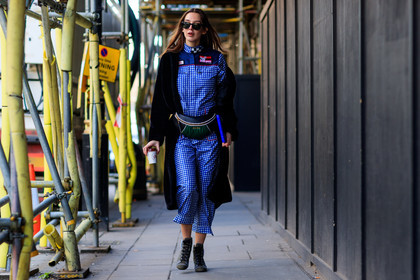 black fur coat, blue jumpsuit, check jumpsuit, checked, fanny pack, gingham, graphic jumpsuit, graphic pants, green bag, green boots, high heels, leather bag, leather shoes, miu miu, off the shoulder, plaid, printed jumpsuit, printed pants, printed shoes, sunglasses, trousers, fashion week, frenchystyle, FW, jonathan paciullo, street style, LFW, LONDON, AUTUMN WINTER 2018-2019, AW 18-19, FALL WINTER 2018-2019, FW 18-19, horizontal, atmosphere details, full length, estelle pigault