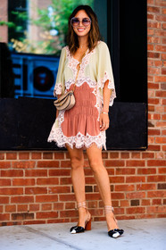 aimee song, beige bag, black shoes, chloe, embroidered dress, fashion week, frenchystyle, full length, FW, green dress, high heels, jonathan paciullo, lace dress, leather bag, leather shoes, NEW YORK, NYFW, pink dress, SPRING SUMMER 2017, SS 17, street style, sunglasses, vertical, woman