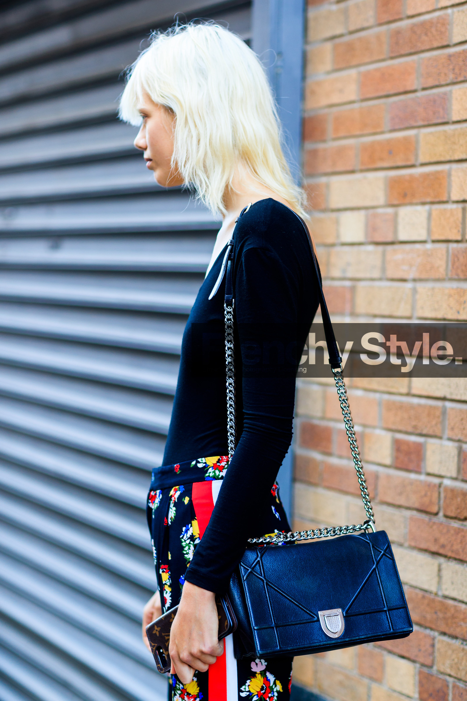 atmosphere details, black bag, black pants, black top, christian dior, detail, fashion week, floral, flowers, frenchystyle, FW, jonathan paciullo, leather bag, marjan jonkman, model, NEW YORK, NYFW, printed pants, SPRING SUMMER 2018, SS 18, street style, trousers, vertical