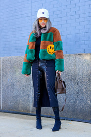 black dress, black pants, black shoes, brown bag, brown fur, dyed hair, fur jacket, green fur, high heels, leather bag, leather pants, leather shoes, smiley, striped jacket, trousers, white cap, street style, jonathan paciullo, FW, frenchystyle, fashion week, NYFW, NEW YORK, AUTUMN WINTER 2018-2019, AW 18-19, FALL WINTER 2018-2019, FW 18-19, vertical, full length