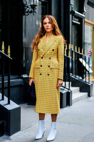 balenciaga, black bag, checked, evangelie smyrniotaki, graphic jacket, high heels, leather bag, leather shoes, plaid, printed coat, printed jacket, white boots, yellow coat, fashion week, frenchystyle, FW, jonathan paciullo, street style, LFW, LONDON, SPRING SUMMER 2019, SS 19, vertical, full length