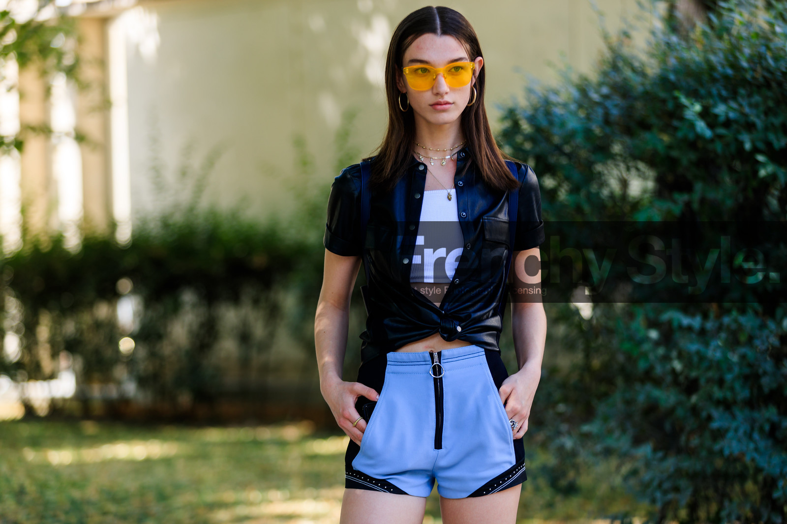 black shirt, choker, crop top, grey shorts, leather shirt, necklace, sunglasses, white top, fashion week, frenchystyle, FW, jonathan paciullo, street style, PFW, PARIS, horizontal, atmosphere details, detail, model, AUTUMN WINTER 2018-2019, FALL WINTER 2018-2019, FW 18-19, Grace Elizabeth