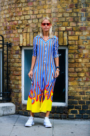 blue dress, graphic dress, holli rogers, leather shoes, nike, off white, printed dress, stripes, white sneakers, yellow, fashion week, frenchystyle, FW, jonathan paciullo, street style, LFW, LONDON, SPRING SUMMER 2019, SS 19, vertical, full length