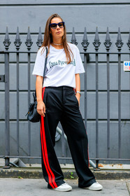 Alice & Js, black bag, black pants, fashion week, frenchystyle, full length, FW, gosha rubchinskiy, jonathan paciullo, leather bag, leather sneakers, LFW, LONDON, printed t shirt, SPRING SUMMER 2017, SS 17, street style, striped pants, stripes, sunglasses, trousers, vertical, white sneakers, white t shirt, woman