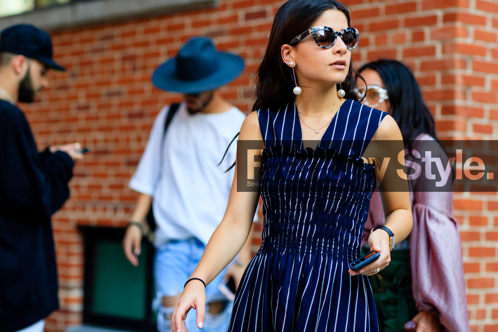 atmosphere details, blue dress, detail, earrings, fashion week, frenchystyle, FW, geometric, graphic dress, horizontal, jonathan paciullo, Lainy Hedaya, NEW YORK, NYFW, pearls, SPRING SUMMER 2017, SS 17, street style, striped dress, stripes, sunglasses, woman