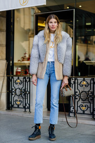 beige bag, black shoes, blue denim, brown fur, choker, denim pants, fur jacket, grey boots, grey fur, grey jacket, gucci, jeans, leather bag, leather shoes, monogram, printed bag, trousers, fashion week, frenchystyle, FW, jonathan paciullo, street style, PFW, PARIS, SPRING SUMMER 2017, SS 17, HAUTE COUTURE, vertical, full length, veronika heilbrunner
