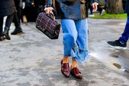 atmosphere details, AUTUMN WINTER 2017-2018, AW 17-18, black bag, black jacket, blue denim, chanel handbag, chloe, denim pants, detail, FALL WINTER 2017-2018, fashion week, frenchystyle, FW, FW 17-18, horizontal, jeans, jonathan paciullo, leather bag, leather shoes, loafers, negin mirsalehi, PARIS, PFW, plaid, red shoes, ripped pants, street style, studs, tartan, trousers, tweed bag