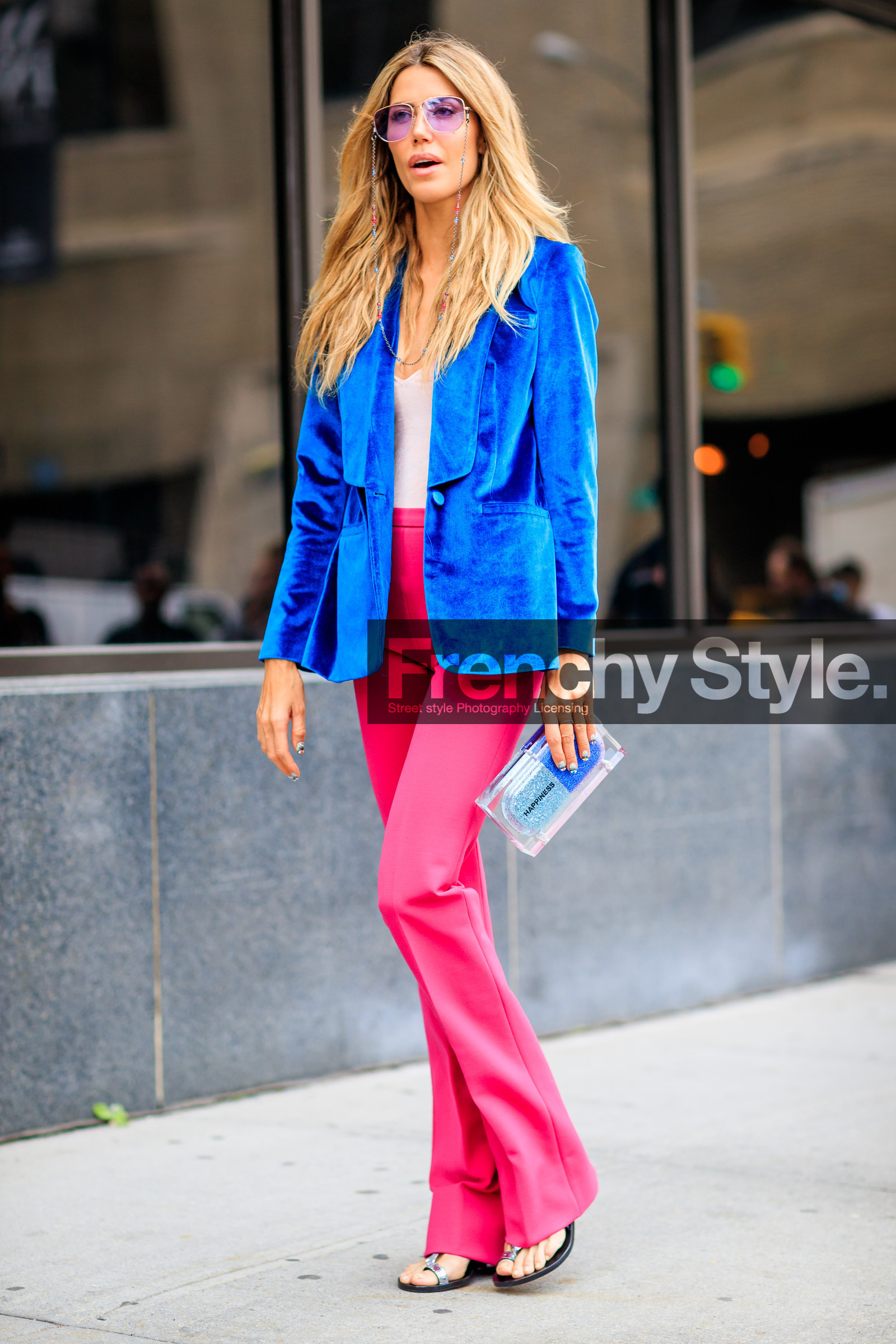blazer, blue jacket, fashion week, frenchystyle, full length, FW, graphic bag, jonathan paciullo, leather bag, martha graeff, NEW YORK, NYFW, pink pants, SPRING SUMMER 2018, SS 18, street style, sunglasses, transparent bag, trousers, velvet, vertical