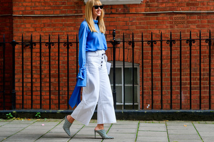 atmosphere details, black and white shoes, black bag, blue shirt, christina paik, denim pants, detail, fashion week, frenchystyle, FW, gingham, graphic shoes, high heels, high waist, horizontal, jeans, jonathan paciullo, leather bag, leather shoes, LFW, lisa aiken, LONDON, printed shoes, SPRING SUMMER 2018, SS 18, street style, trousers, white denim