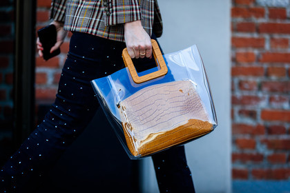 black pants, brown jacket, camel bag, checked, graphic jacket, leather bag, pearls, plaid, printed jacket, tartan, transparent bag, trousers, fashion week, frenchystyle, FW, jonathan paciullo, street style, MFW, MILAN, AUTUMN WINTER 2018-2019, FALL WINTER 2018-2019, FW 18-19, horizontal, atmosphere details