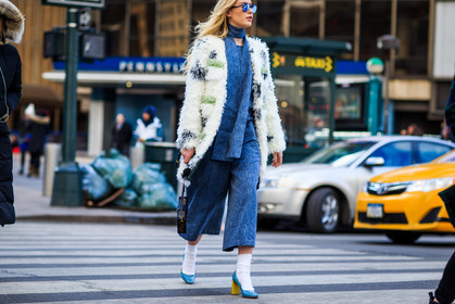atmosphere details, AUTUMN WINTER 2016-2017, AW 16-17, blue denim, blue heels, blue pants, blue scarf, blue top, denim pants, denim top, FALL WINTER 2016-2017, fashion week, frenchystyle, full length, fur coat, FW, FW 16-17, high heels, horizontal, jeans, jonathan paciullo, leather shoes, louis vuitton, mirror effect, NEW YORK, NYFW, street style, sunglasses, trousers, white coat, white fur, white socks, wide pants, woman