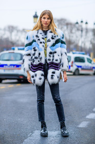 black boots, black denim, black shoes, denim pants, fur jacket, jeans, leather shoes, printed jacket, printed t shirt, trousers, white fur, white jacket, fashion week, frenchystyle, FW, jonathan paciullo, street style, PFW, PARIS, SPRING SUMMER 2017, SS 17, HAUTE COUTURE, vertical, full length, veronika heilbrunner