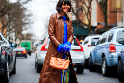 blue pants, blue shirt, brown coat, carola bernard, fendi, geometric, graphic bag, graphic pants, leather bag, leather coat, monogram, orange bag, printed bag, printed pants, striped pants, trousers, frenchystyle, jonathan paciullo, street style, NYFW, NEW YORK, AUTUMN WINTER 2019-2020, AW 19-20, FALL WINTER 2019-2020, FW 19-20, fashion week, FW, atmosphere details, horizontal, detail
