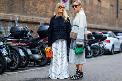 atmosphere details, AUTUMN WINTER 2017-2018, AW 17-18, balenciaga, beige skirt, beige sweater, black knit, black sweater, FALL WINTER 2017-2018, fashion week, frenchystyle, full length, FW, FW 17-18, graphic shoes, graphic skirt, green bag, grey skirt, grey sweater, horizontal, jeanette madsen, jonathan paciullo, leather bag, leather shoes, long skirt, MFW, MILAN, mini bag, orange bag, polka dot, printed shoes, printed skirt, printed sweater, street style, striped sweater, sunglasses, white skirt, white sweater, wool skirt, wool sweater, yellow bag