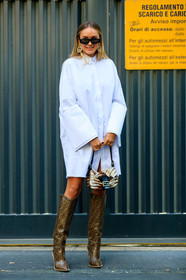 brown bag, brown boots, earrings, fendi, graphic bag, high boots, high heels, leather bag, leather shoes, monogram, nina suess, printed bag, printed boots, printed shoes, shirt dress, sunglasses, white dress, street style, jonathan paciullo, FW, frenchystyle, fashion week, MFW, MILAN, SPRING SUMMER 2019, SS 19, vertical, full length