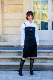 black dress, black shoes, black socks, headband, high socks, leather shoes, prada, white shirt, fashion week, frenchystyle, FW, jonathan paciullo, street style, PFW, PARIS, AUTUMN WINTER 2019-2020, AW 19-20, FALL WINTER 2019-2020, FW 19-20, vertical, full length