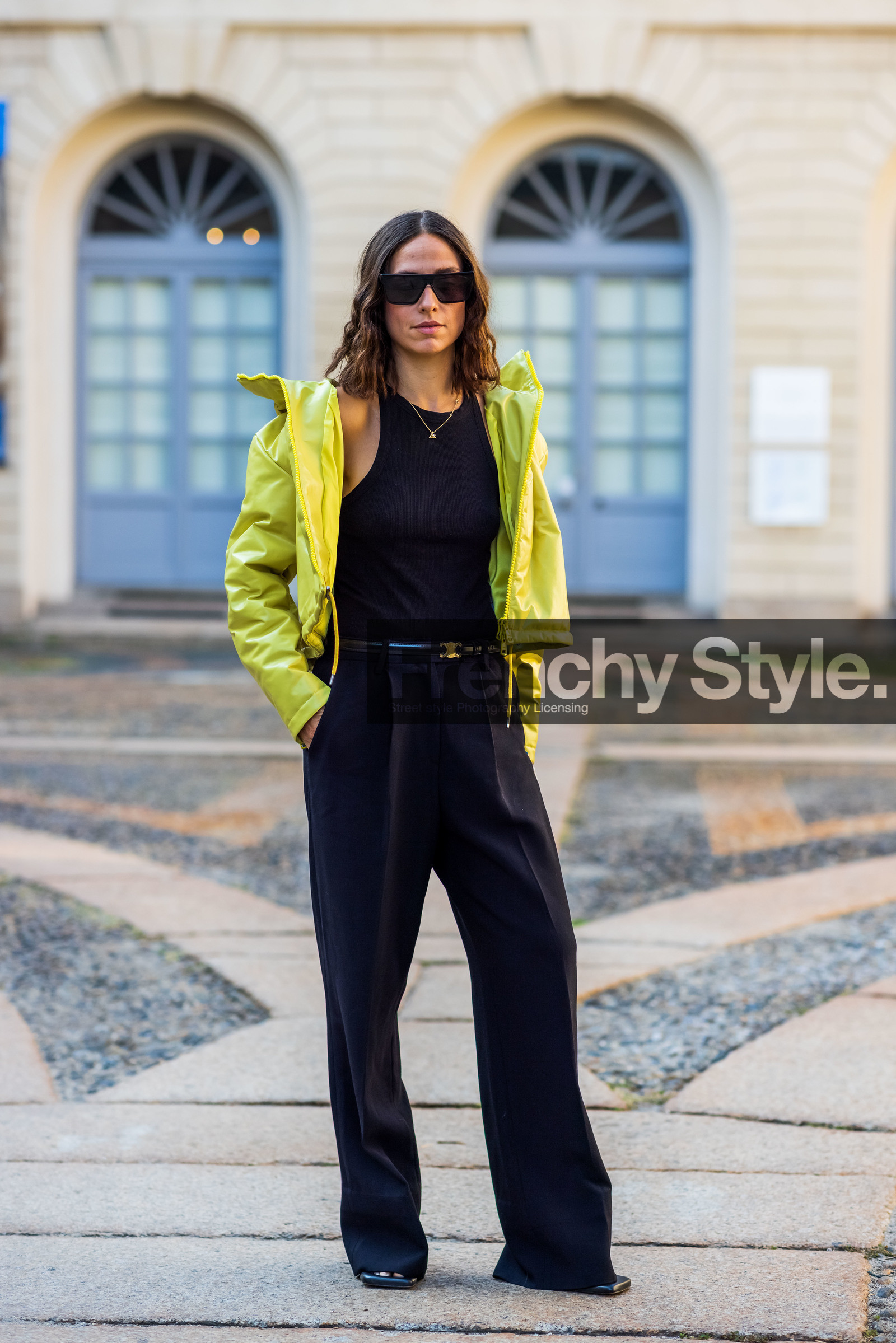 bicolor, black belt, black look, black pants, black sunglasses, black top, celine belt, color, Erika Boldrin, leather belt, leather jacket, sunglasses, yellow jacket, zip up jacket, fashion week, frenchystyle, FW, jonathan paciullo, street style, MFW, MILAN, SPRING SUMMER 2022, SS 22, vertical, full length