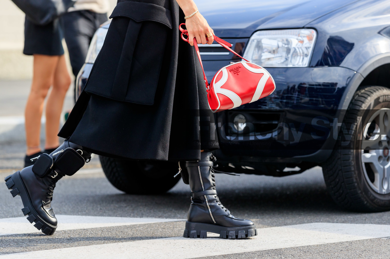 caro daur, prada total look, prada bag, prada shoes, prada dress, black dress, sleeveless dress, strapless dress, long dress, black leather boots, laced boots, big sole boots, red leather bag, bowling bag, hand bag, white leather bag, ankle bag, mini bag, fashion week, frenchystyle, FW, jonathan paciullo, street style, MFW, MILAN, SPRING SUMMER 2020, SS 20
