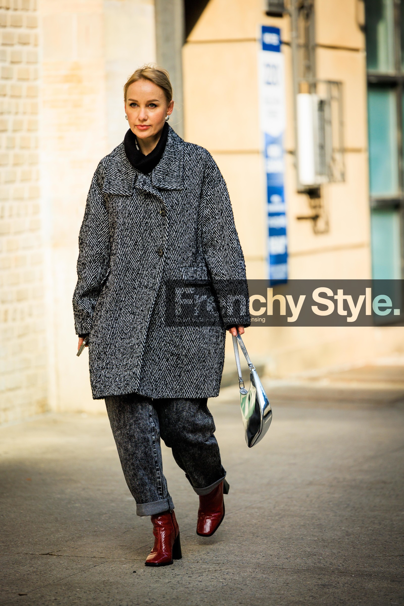 black turtleneck, burgundy boots, black leather boots, grey denim, washed denim, washed pants, baggy jeans, baggy coat, silver bag, prada handbag, street style, jonathan paciullo, FW, frenchystyle, fashion week, NYFW, NEW YORK, AUTUMN WINTER 2022-2023, FALL WINTER 2022_2023, FW 22-23, vertical, full length