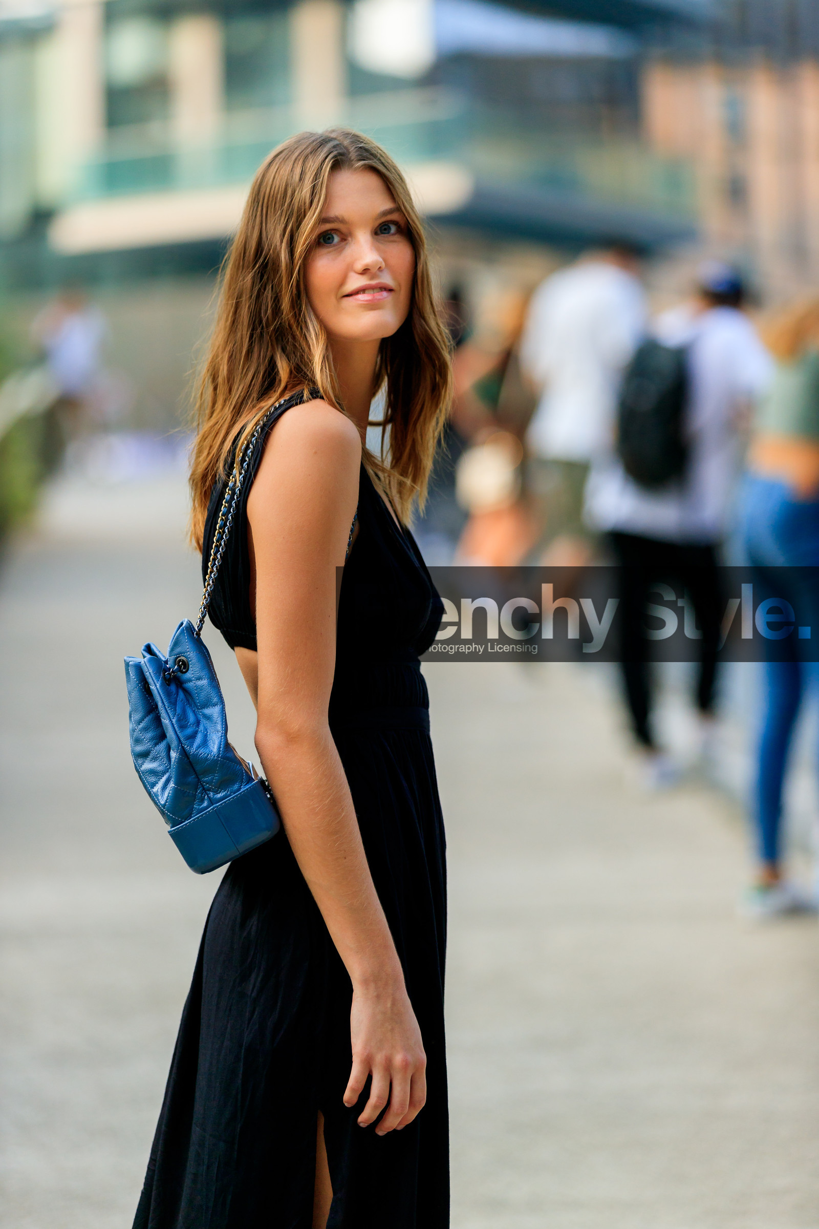 black dress, blue bag, chanel handbag, leather bag, luna bijl, model, fashion week, frenchystyle, FW, jonathan paciullo, street style, MFW, MILAN, SPRING SUMMER 2019, SS 19, vertical, atmosphere details, detail