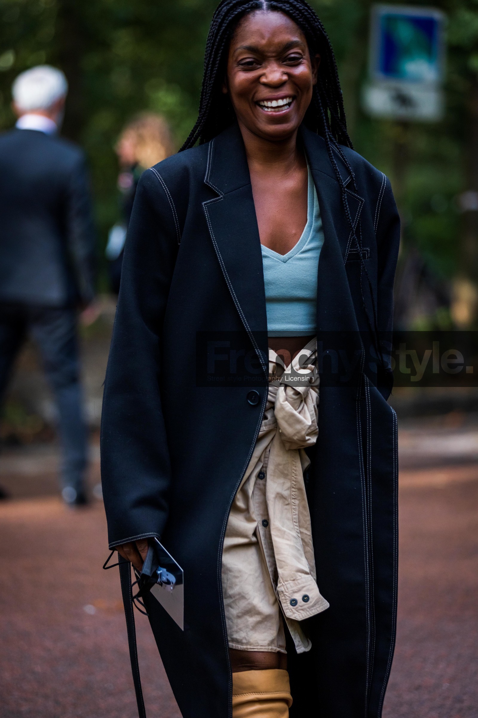 beige skirt, black coat, blue crop top, coat, crop top, Rajni Lucienne Jacques, skirt, street style, jonathan paciullo, FW, frenchystyle, fashion week, PFW, PARIS, SPRING SUMMER 2022, SS 22, vertical, atmosphere details