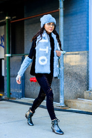 black pants, black sweater, blue beanie, blue fur, blue scarf, high heels, leather shoes, silver shoes, trousers, street style, jonathan paciullo, FW, frenchystyle, fashion week, NYFW, NEW YORK, AUTUMN WINTER 2018-2019, AW 18-19, FALL WINTER 2018-2019, FW 18-19, vertical, full length