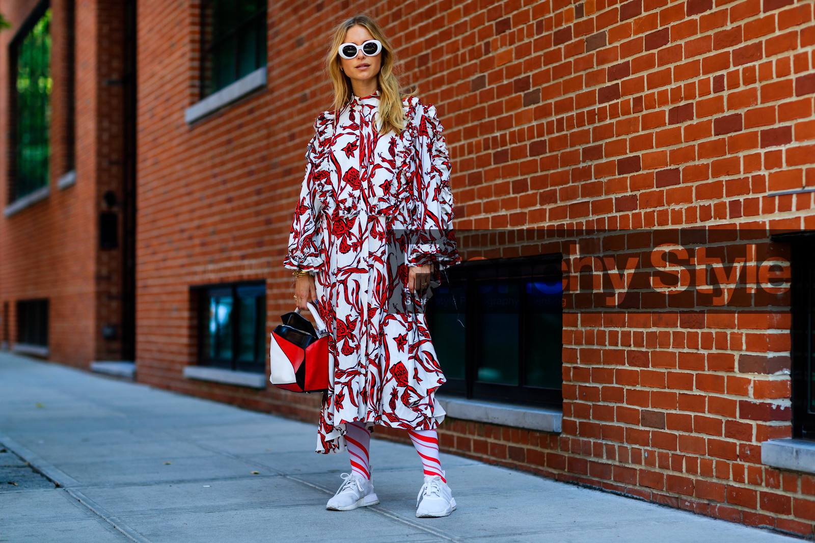 atmosphere details, fashion week, frenchystyle, full length, FW, graphic bag, horizontal, jonathan paciullo, leather bag, leather sneakers, loewe, NEW YORK, NYFW, pernille teisbaek, printed dress, red, red bag, SPRING SUMMER 2017, SS 17, street style, sunglasses, tights, white, white dress, white sneakers, woman
