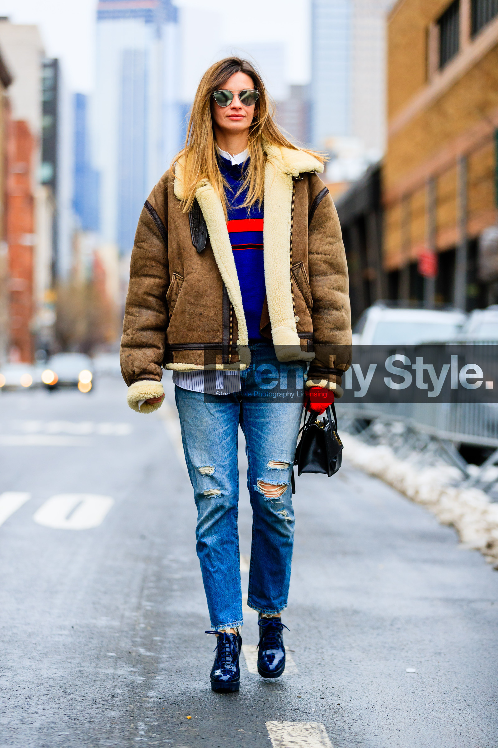 AUTUMN WINTER 2017-2018, AW 17-18, beige fur, black bag, blue denim, blue shoes, blue sweater, brown jacket, Clara Racz, denim pants, FALL WINTER 2017-2018, fashion week, frenchystyle, full length, FW, FW 17-18, jeans, jonathan paciullo, leather bag, leather jacket, leather shoes, NEW YORK, NYFW, printed sweater, ripped pants, shearling, street style, sunglasses, trousers, vertical