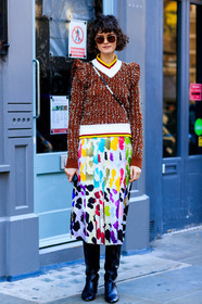 black shoes, chloe hill, floral, flowers, high boots, leather shoes, multicolor skirt, pleated skirt, red sweater, ruffles, sunglasses, fashion week, frenchystyle, FW, jonathan paciullo, street style, LFW, LONDON, SPRING SUMMER 2019, SS 19, vertical, full length