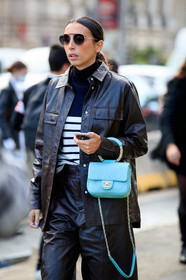 gabriella berdugo, aviator sunglasses, metalic frame sunglasses, paul and joe sunglasses, brown leather jacket, brown leather pants, brown leather bermuda shorts, brown leather shirt, navy blue pullover, turtleneck pullover, striped pullover, light green leather bag, square shape bag, hand bag, quilted bag, chanel bag, chanel jacket, chanel pants, chanel shorts, chanel total look, PARIS, PFW, fashion week, frenchystyle, FW, jonathan paciullo, street style, SPRING SUMMER 2021, SS 21, vertical, atmosphere details, detail