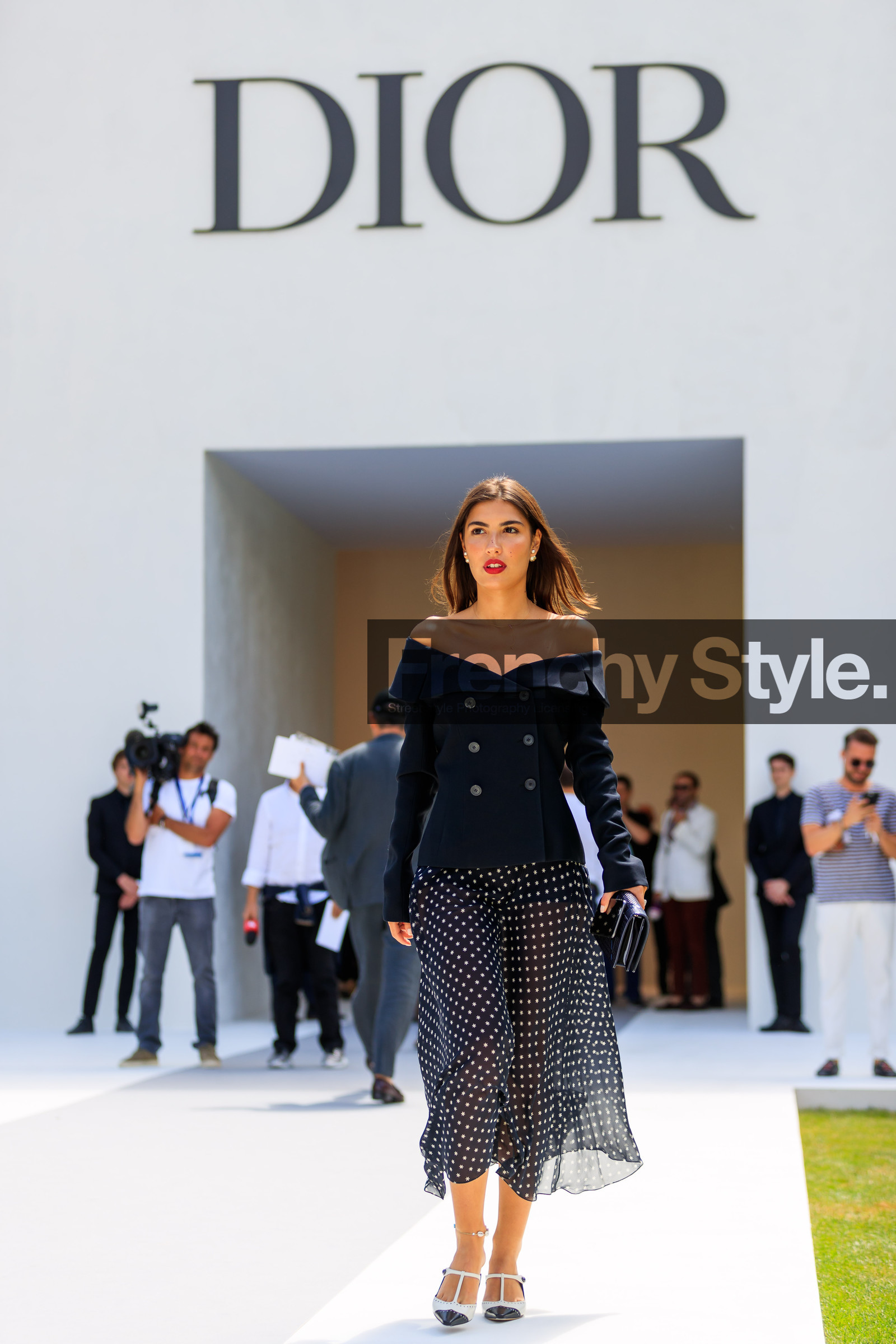 black and white shoes, black bag, black jacket, black skirt, blazer, christian dior, earrings, graphic skirt, high heels, leather bag, leather shoes, off the shoulder, polka dot, printed skirt, red lips, fashion week, frenchystyle, FW, jonathan paciullo, street style, PFW, PARIS, vertical, full length, AUTUMN WINTER 2018-2019, FALL WINTER 2018-2019, FW 18-19, patricia manfield