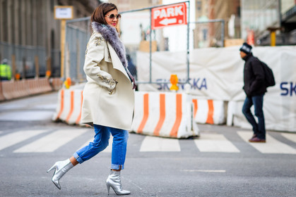 atmosphere details, AUTUMN WINTER 2016-2017, AW 16-17, blue denim, denim pants, embroidered coat, FALL WINTER 2016-2017, fashion week, frenchystyle, full length, fur collar, FW, FW 16-17, high boots, high heels, horizontal, jeans, jonathan paciullo, NEW YORK, NYFW, purple fur, silver shoes, street style, sunglasses, trousers, white coat, woman