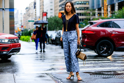 aimee song, black t shirt, brown bag, graphic bag, graphic pants, grey pants, high heels, leather bag, leather shoes, louis vuitton, mini bag, monogram, multicolor shoes, necklace, printed bag, printed pants, trousers, velvet, street style, jonathan paciullo, FW, frenchystyle, fashion week, NYFW, NEW YORK, SPRING SUMMER 2019, SS 19, atmosphere details, horizontal, full length